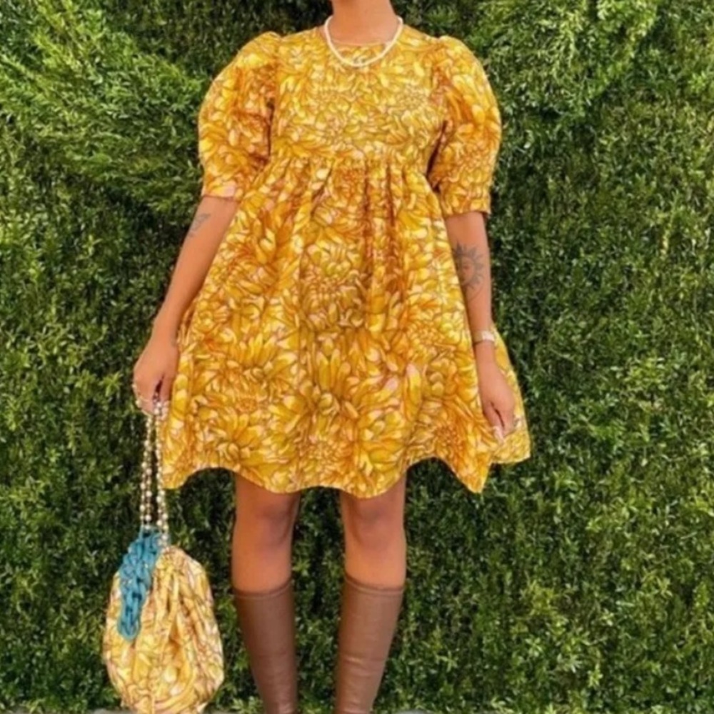 Kika Vargas | Target Gold Floral Puff Sleeves Mini Dress Mums Yellow Babydoll XS